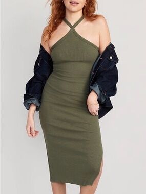 Old Navy Olive Halter Ribbed Midi Dress Size Medium